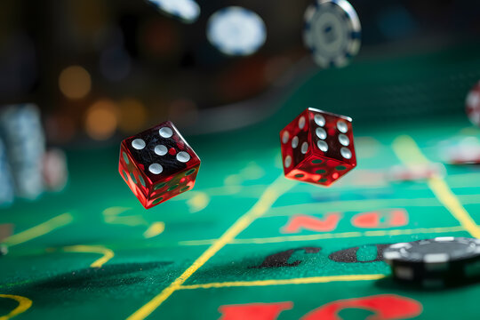 Dynamic dice rolling on a casino table creating a sense of excitement and anticipation