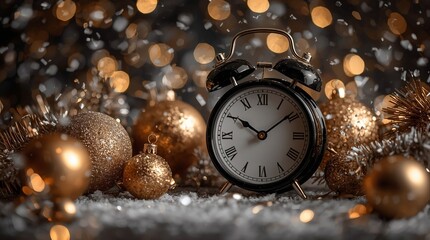 Vintage black alarm clock showing midnight surrounded by golden Christmas baubles and sparkling tinsel with festive bokeh lights symbolizing New Year celebration countdown