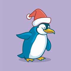  Penguin with Santa hat standing on purple background.