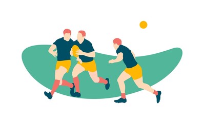 Rugby players running and playing the rugby game on the field