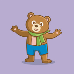 Brown bear with scarf arms out on purple background.