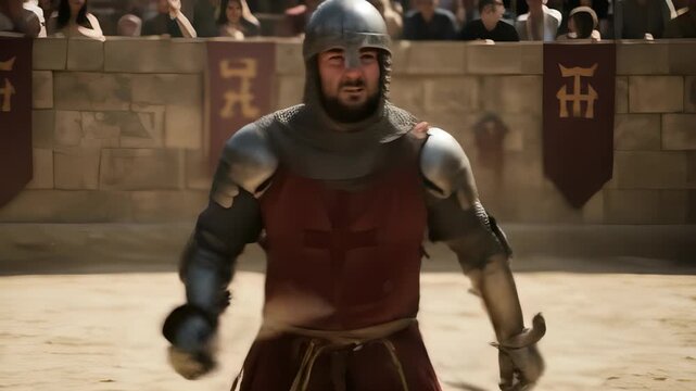 Medieval Knight Tournament in Arena, Sword Fight, Crowd Spectators, Historical Battle, Cinematic