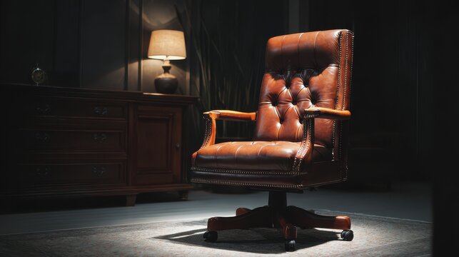 Ultra quality image of executive leather office chair for boss or ceo in dark room business furniture ergonomic chair workplace.