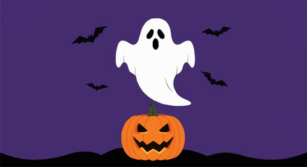 Fototapeta premium Spooky Halloween illustration with flying ghost, scary jack-o'-lantern pumpkin, and bats on a purple background. Perfect for holiday designs.