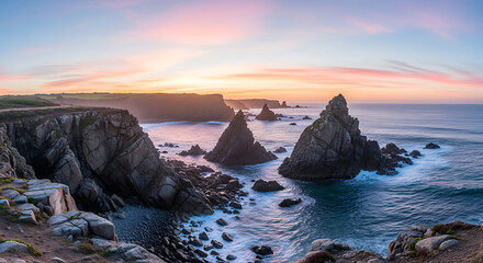 Coastal cliffs and rock formations meet the ocean under a pastel colored sunset sky view landscape ai generated