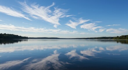 Fototapeta premium Serene Lake Reflection Under Blue Sky.