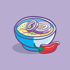 Blue bowl with soup onion and chili on purple.