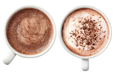 Two identical mugs of hot chocolate, topped with frothy milk and cocoa powder, displayed against a black background