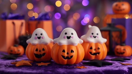 Fototapeta premium Festive Halloween scene with pumpkin-ghosts, star confetti and blurred light background