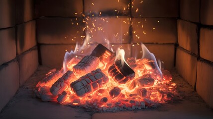 Obraz premium Glowing embers and burning logs in a brick fireplace with sparks flying upwards, creating a warm and cozy atmosphere