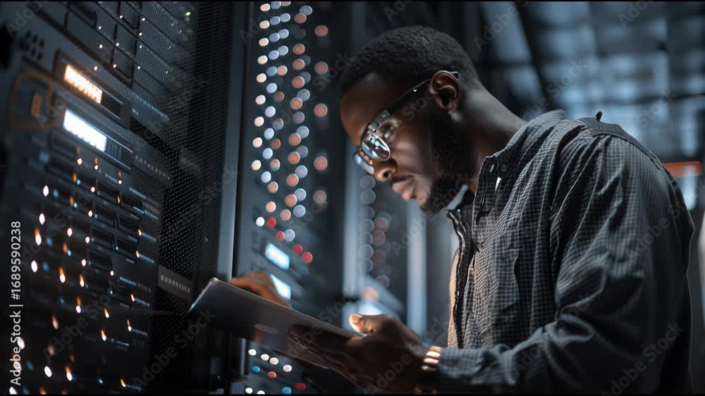 Poster technician working on server maintenance in a modern data center with advanced technology in the bac