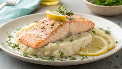 Steamed salmon served with creamy mashed cauliflower and lemon garnish garnished with fresh herbs and a drizzle of olive oil