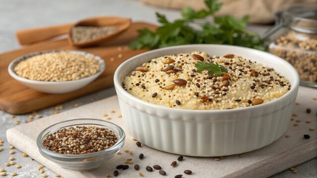 Dish prepared with sesame seeds and cumin showcasing Mediterranean flavors in an inviting kitchen setting