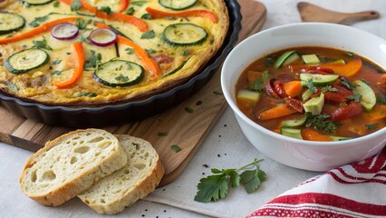 Creative upcycled meal featuring vibrant frittata with vegetables, hearty soup, and artisan bread on a wooden serving board