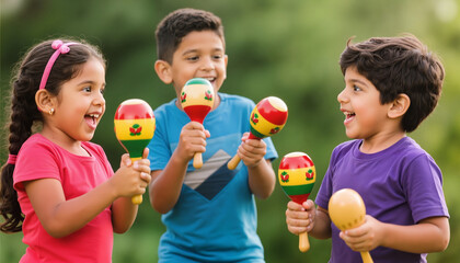 Three children playing with maracas and smiling outdoors in summer  