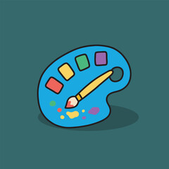 Blue palette with paint and brush on it.