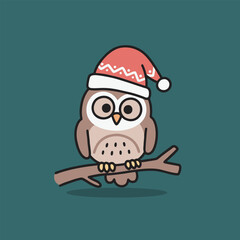 Owl with Santa hat perched on branch.
