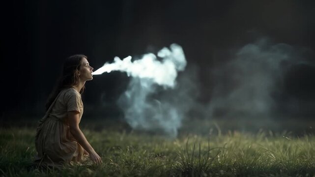 Spiritual medium kneeling in moonlit field channeling ethereal spirits through mystical breath creating supernatural communication with beyond with smoke  and helcoplasm on her mouth. 