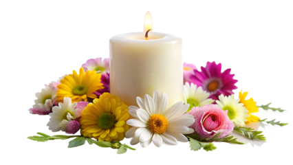 Candle with flowers isolated on transparent background a lit candle surrounded by colorful flowers, creating a peaceful and serene ambiance