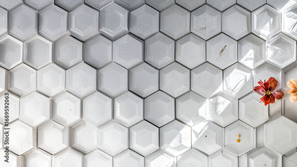 Poster a textured background of clean, white hexagonal tiles with subtle shadows and highlights, featuring 