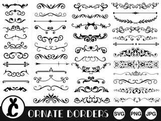 Collection of ornate borders and dividers in black and white with decorative elements and flourishes design