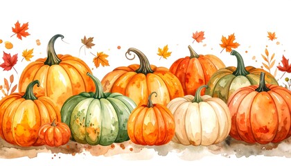 Watercolor pumpkins and autumn leaves (1)