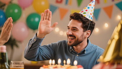 Young man celebrating birthday with friends at festive party  