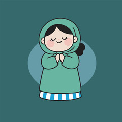 A character in green clothes with hands clasped together.