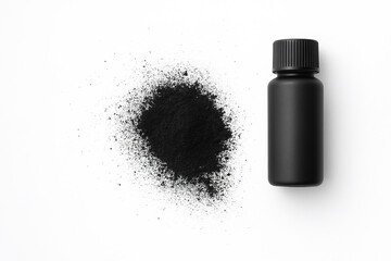 Black Bottle with Scattered Fine Black Powder on White Background