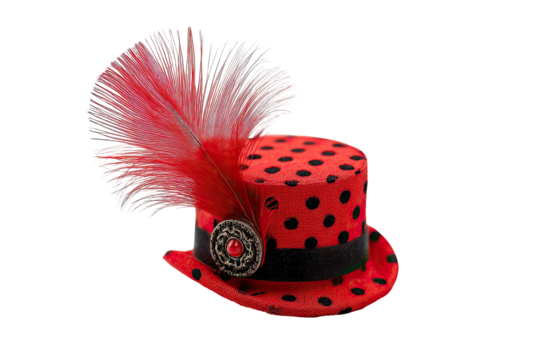 Red polka dot top hat with feather accent