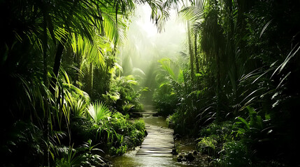 Naklejka premium Misty Jungle Pathway with Lush Greenery and Sunlight Filtering Through
