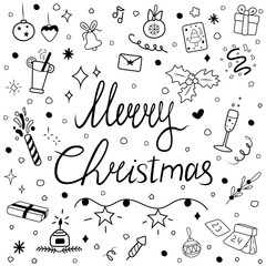Festive Christmas doodle set with the inscription Merry Christmas. Includes holiday and party related items. Suitable for holiday cards, packaging, textiles.
