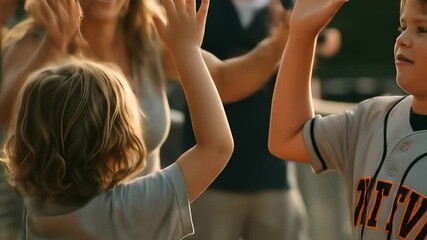 Excited little baseball player celebrates with parents and friends on a sunny day - Powered by Adobe
