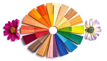 Obraz premium Wood color swatches arranged in a circle, surrounded by flowers
