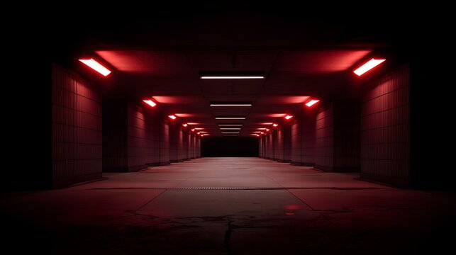 Empty dark corridor with red light atmosphere