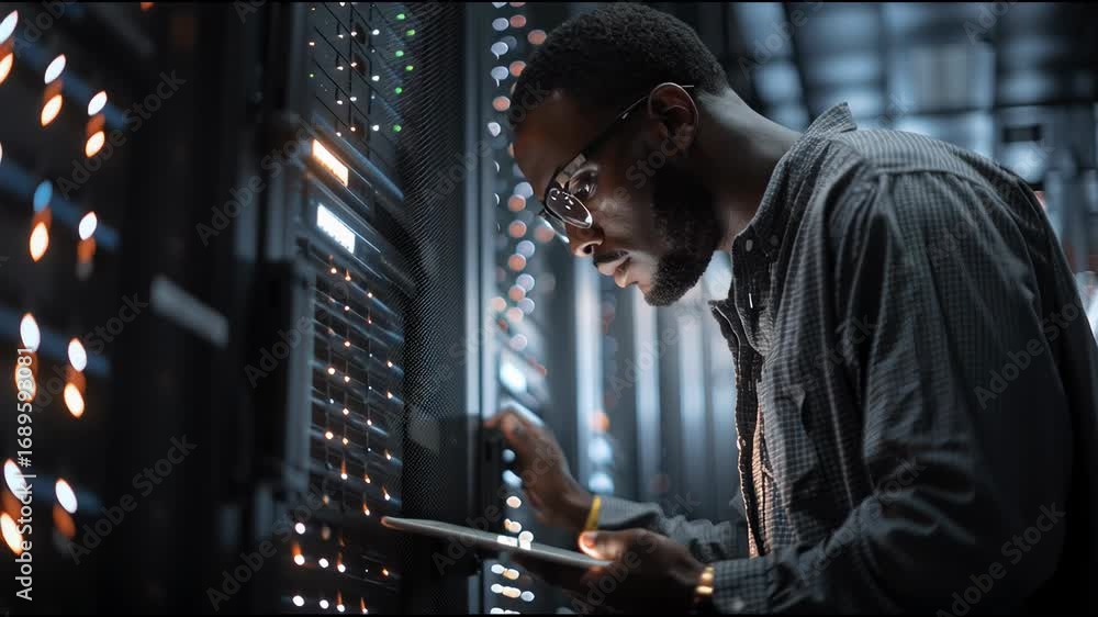 Poster professional technician monitors server operations and data analysis in a modern data center environ