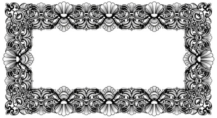 Ornate rectangular frame with floral and shell designs in black and white detailed illustration style