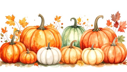 Watercolor pumpkins and autumn leaves
