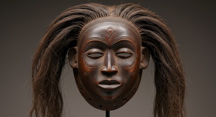 African Wooden Mask with Hair - Intricate dark wood mask with long dark hair, serene expression, displayed on a stand against a neutral background. Authentic tribal art