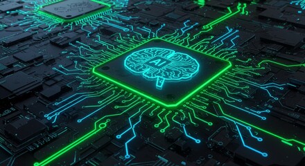 AI Brain Circuit Board Design Neon Geometric Patterns - Futuristic AI concept, neon colors, geometric shapes, circuit board, brain symbol.