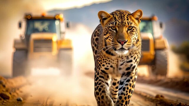 Stunning Leopard Walking Towards Camera with Tractors in the Background on a Dusty Road