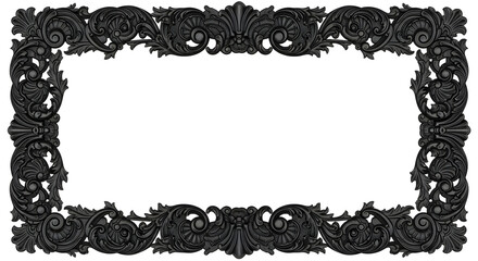 A black ornate rectangular frame with floral and swirl designs on a white background with blank space