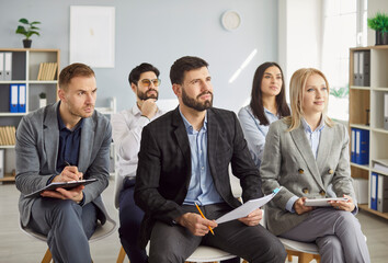 Business team people, diverse businesspeople in office listening explaining strategy at corporate group meeting, staff listen to boss instructing interns at briefing, teaching or developing 