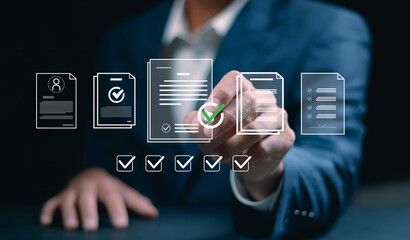 Man interacting with digital checklist interface for document approval and task management. Online form submission, workflow automation and productivity concept in modern business.