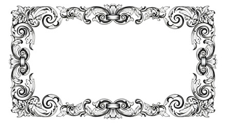 Ornate rectangular frame with floral and scroll designs in black and white on a white background