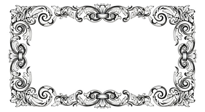 Ornate rectangular frame with floral and scroll designs in black and white on a white background