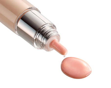 Creamy, light beige serum in a clear tube, dripping onto a smooth, pink, oval shape