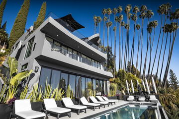 The facade of a luxury apartment with a swimming pool in the tropics. Shot with a wide-angle lens.
