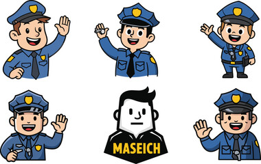 Cartoon police officer characters in uniform, law enforcement illustration, public safety design, security guard concept, justice protection, authority symbol, teamwork