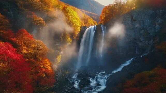 Spectacular aerial footage landscape powerful waterfall cascading down rocky cliffs surrounded by vibrant autumn foliage, breathtaking natural scene with golden and red fall colors